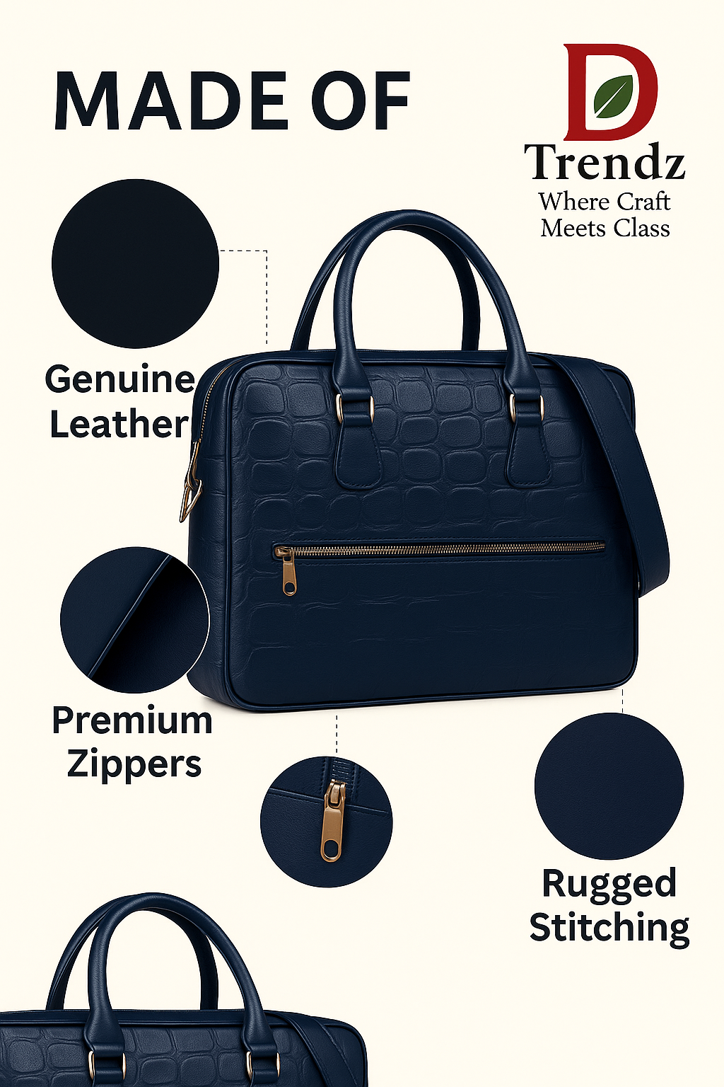 Leather Laptopbag for work& Travel- Geniune leather office Briefcase with Trolly strap,laptop sleeve, smart organisation with crcodile texture.
